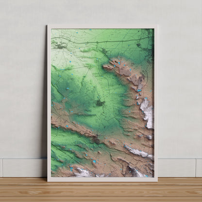 Mapa artístico del relieve de Torregrossa, en el Pla d'Urgell, con 15 km de entorno y base topográfica ICGC. Presentación enmarcada.