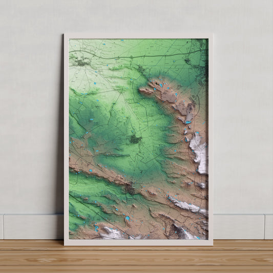 Mapa artístico del relieve de Torregrossa, en el Pla d'Urgell, con 15 km de entorno y base topográfica ICGC. Presentación enmarcada.