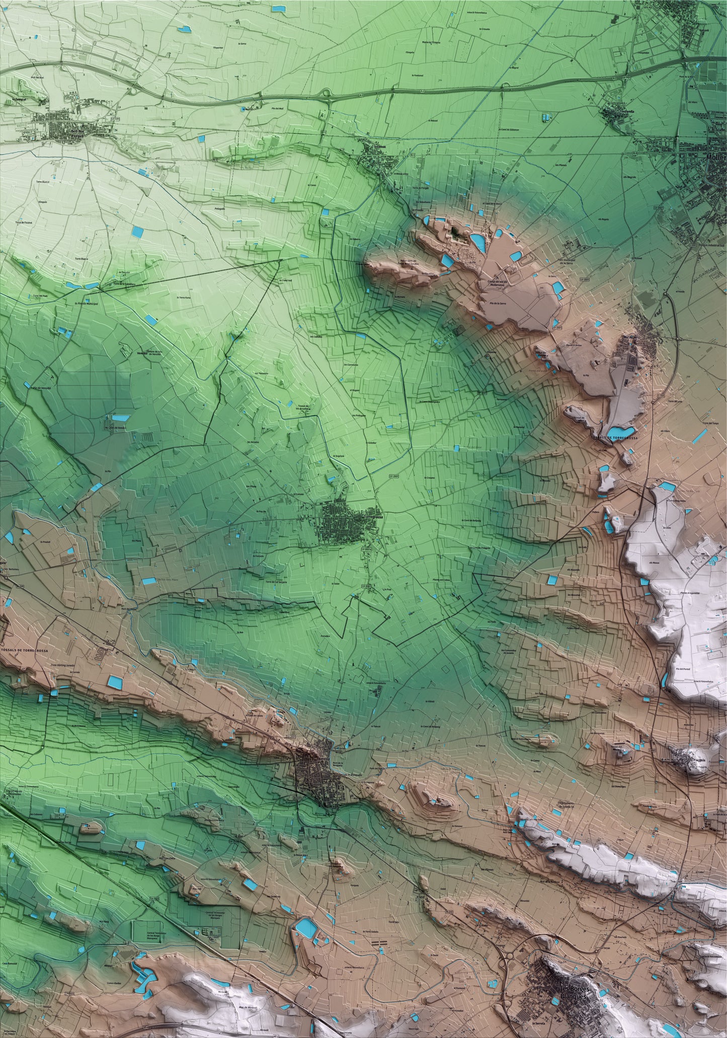 Mapa artístico del relieve de Torregrossa, en el Pla d'Urgell, con 15 km de entorno y base topográfica ICGC