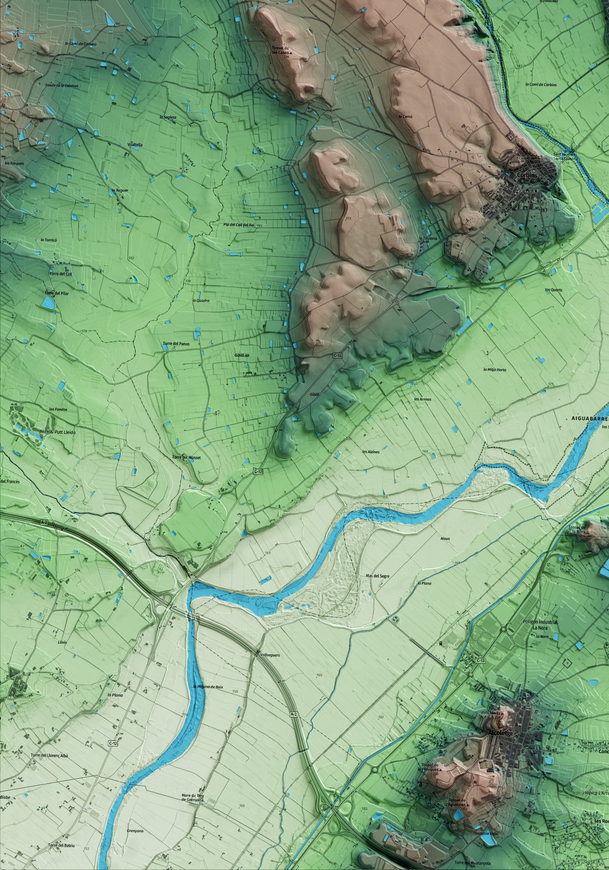 Mapa artístico del relieve de Torrelameu, a la Noguera, con 15 km de entorno y base topográfica ICGC. Detalle de la zona inferior izquierda.
