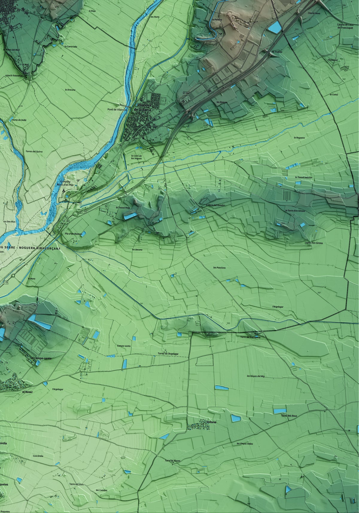 Mapa artístico del relieve de Torrelameu, a la Noguera, con 15 km de entorno y base topográfica ICGC. Detalle de la zona inferior derecha.