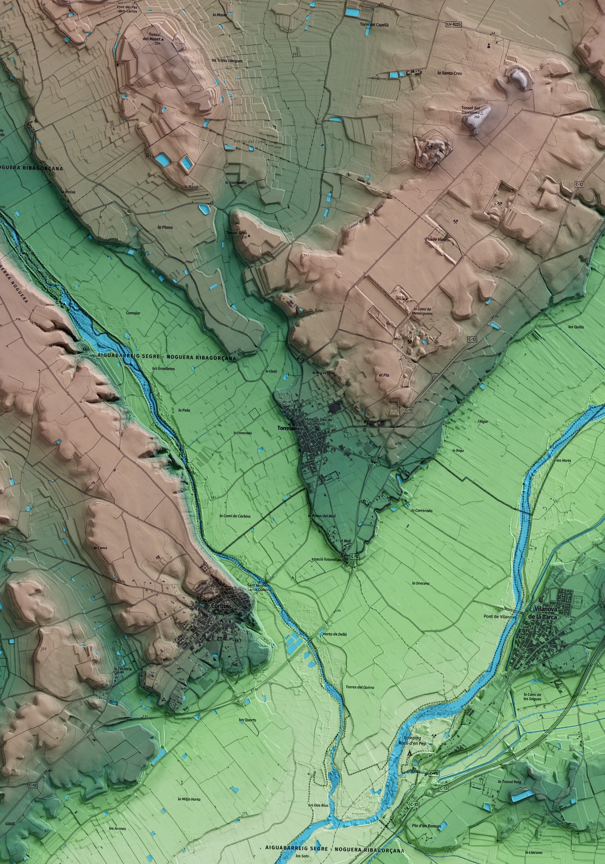 Mapa artístico del relieve de Torrelameu, a la Noguera, con 15 km de entorno y base topográfica ICGC. Detalle de la zona central.