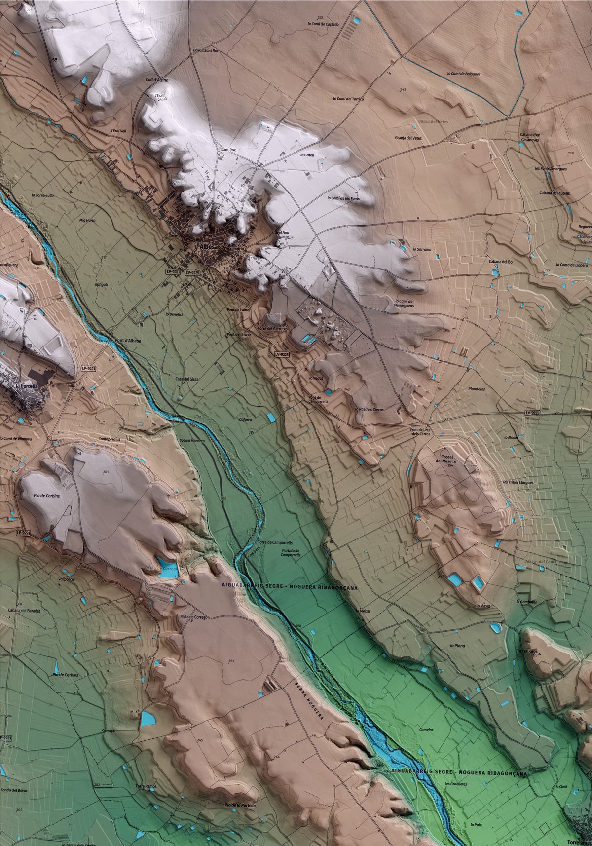 Mapa artístico del relieve de Torrelameu, a la Noguera, con 15 km de entorno y base topográfica ICGC. Detalle de la zona superior izquierda.