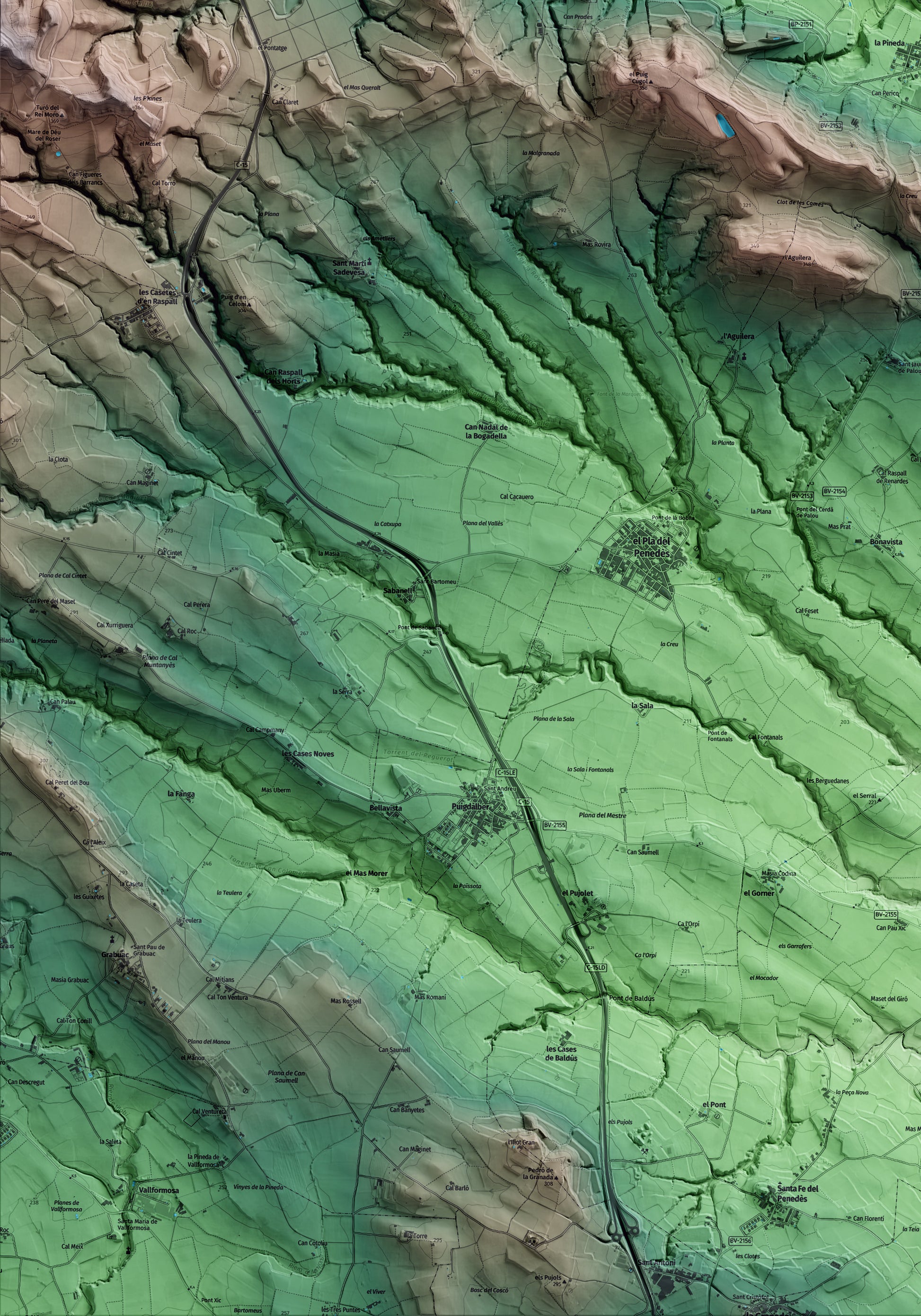 Mapa artístico del relieve de Torrelavit, al Alt Penedès, con 15 km de entorno y base topográfica ICGC. Detalle de la zona inferior izquierda.