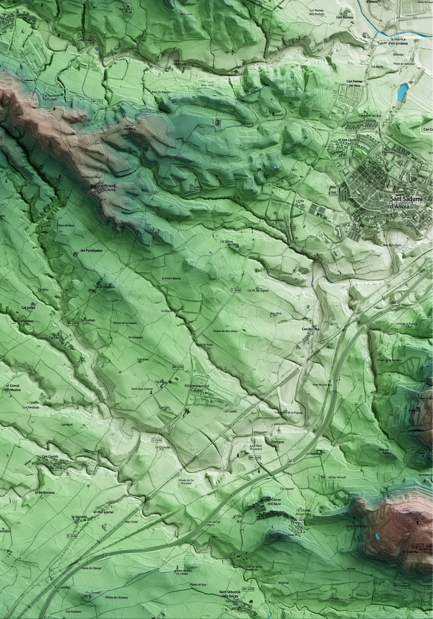 Mapa artístico del relieve de Torrelavit, al Alt Penedès, con 15 km de entorno y base topográfica ICGC. Detalle de la zona inferior derecha.