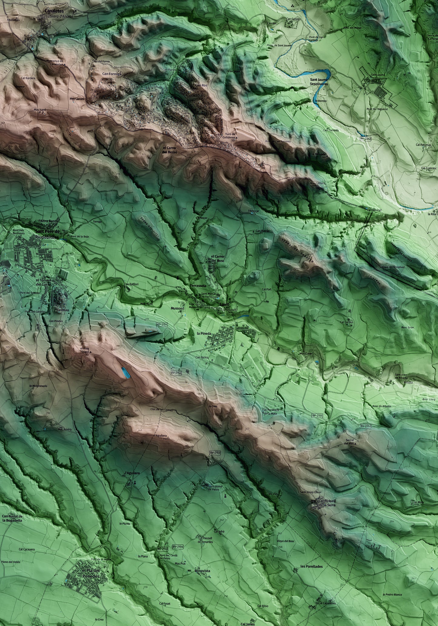 Mapa artístico del relieve de Torrelavit, al Alt Penedès, con 15 km de entorno y base topográfica ICGC. Detalle de la zona central.