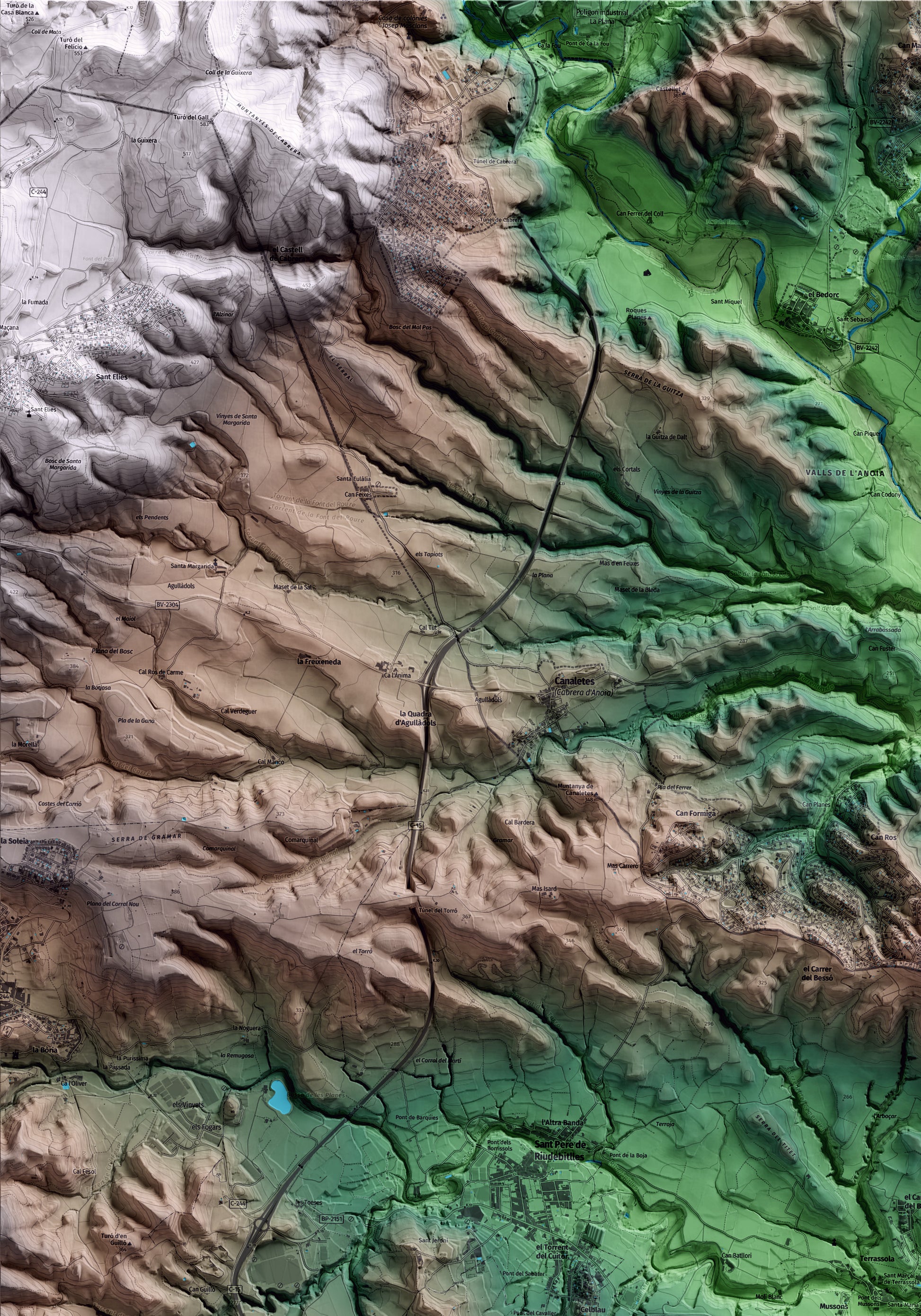 Mapa artístico del relieve de Torrelavit, al Alt Penedès, con 15 km de entorno y base topográfica ICGC. Detalle de la zona superior izquierda.
