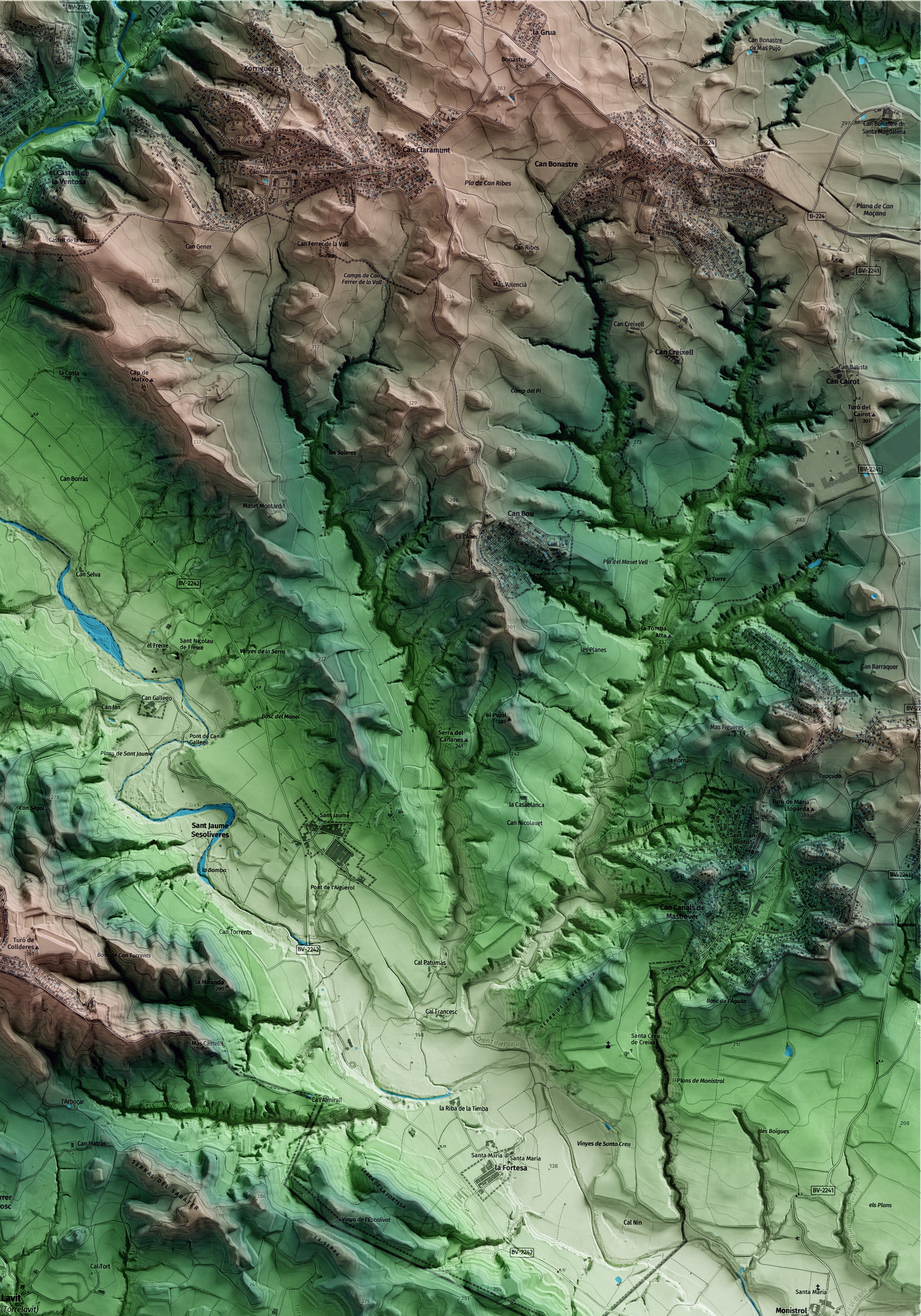 Mapa artístico del relieve de Torrelavit, al Alt Penedès, con 15 km de entorno y base topográfica ICGC. Detalle de la zona superior derecha.