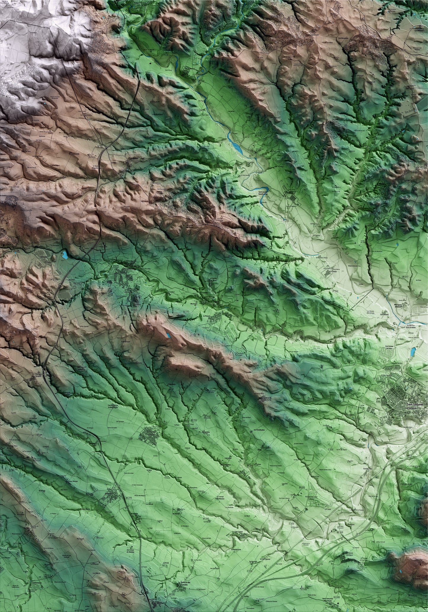 Mapa artístico del relieve de Torrelavit, al Alt Penedès, con 15 km de entorno y base topográfica ICGC
