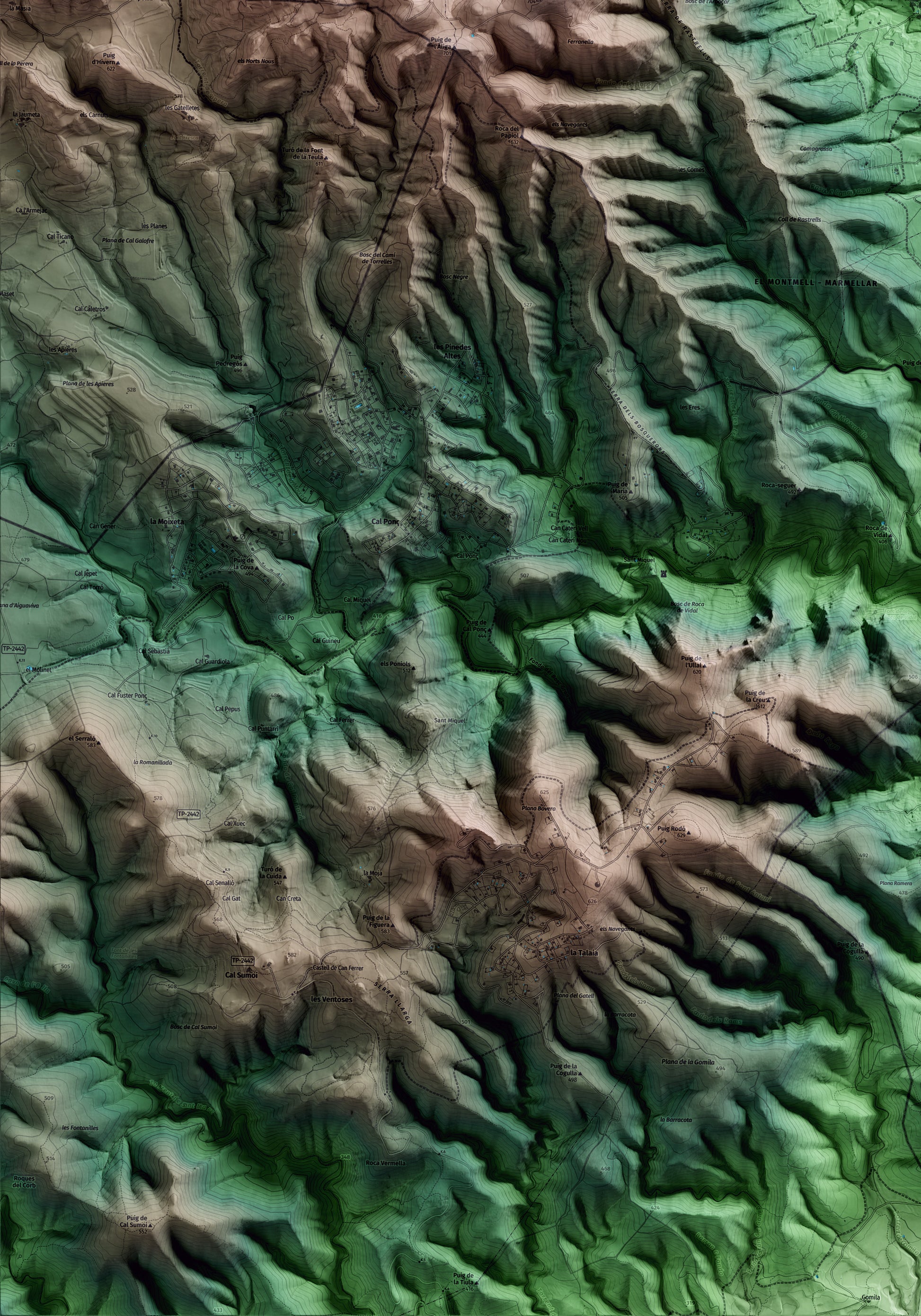 Mapa artístico del relieve de Torrelles de Foix, al Alt Penedès, con 15 km de entorno y base topográfica ICGC. Detalle de la zona inferior izquierda.