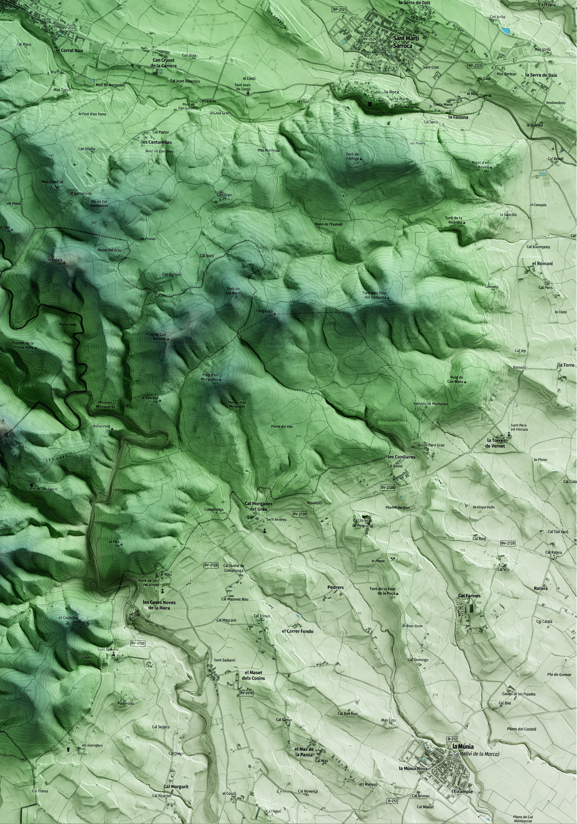 Mapa artístico del relieve de Torrelles de Foix, al Alt Penedès, con 15 km de entorno y base topográfica ICGC. Detalle de la zona inferior derecha.