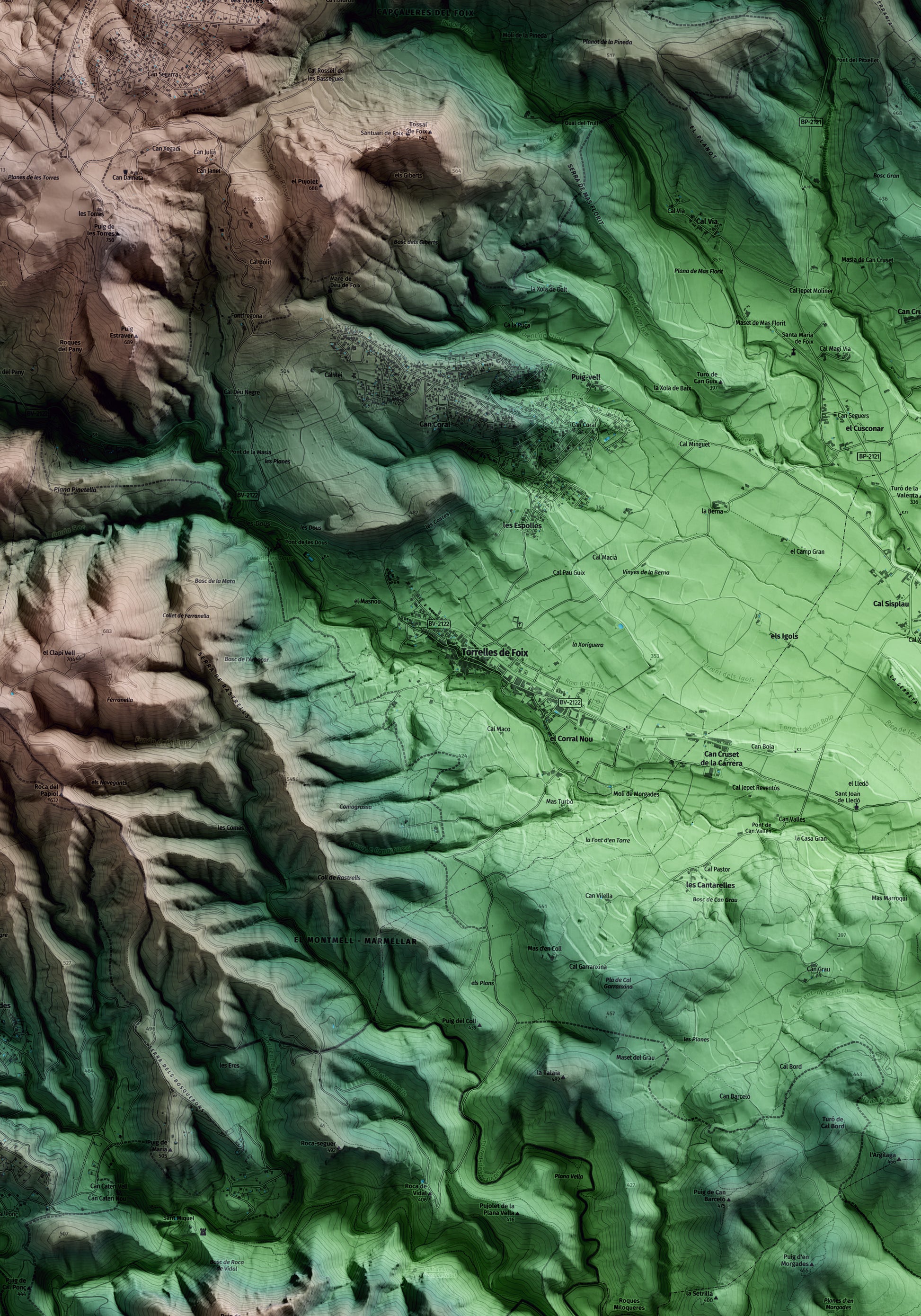 Mapa artístico del relieve de Torrelles de Foix, al Alt Penedès, con 15 km de entorno y base topográfica ICGC. Detalle de la zona central.