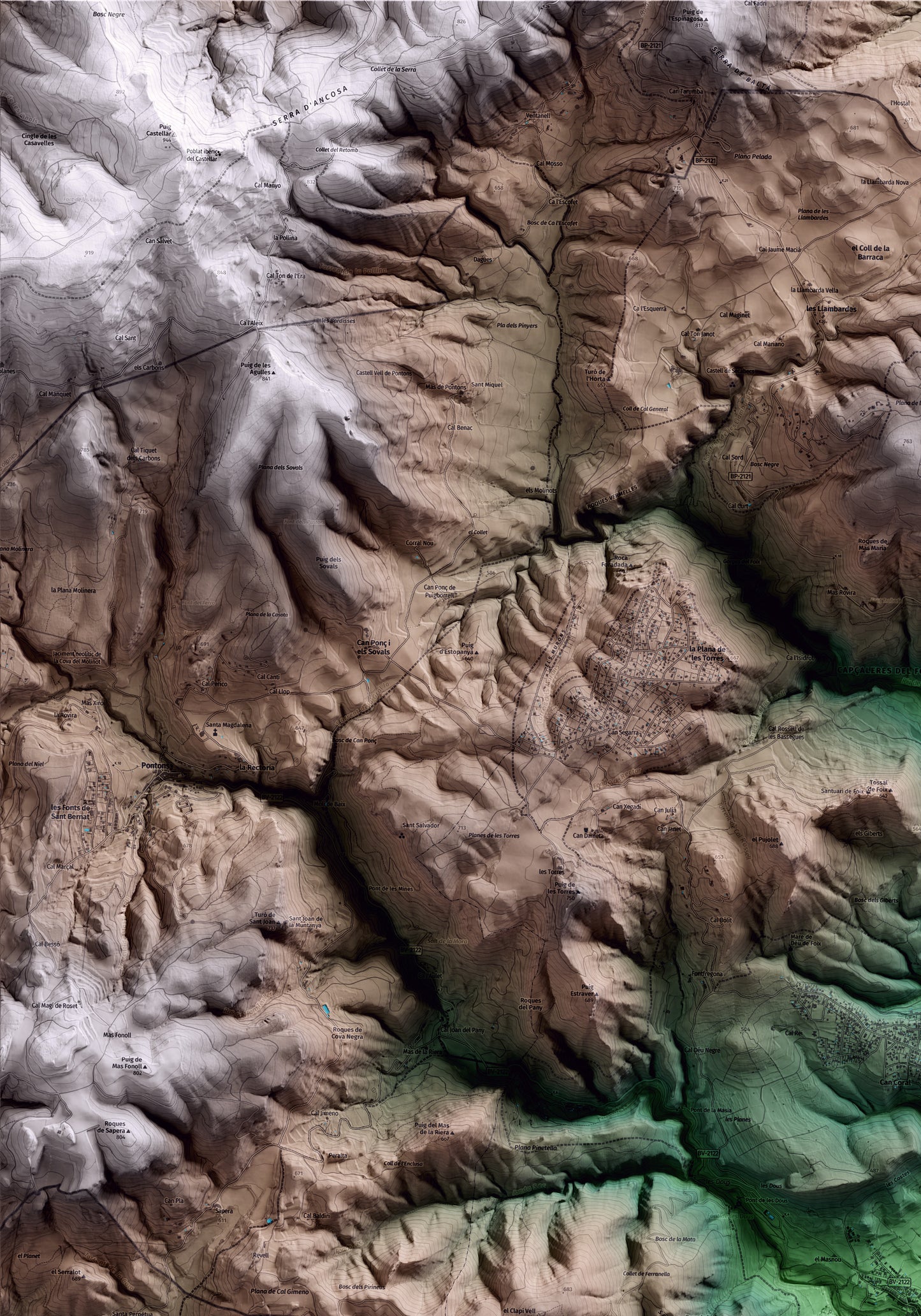 Mapa artístico del relieve de Torrelles de Foix, al Alt Penedès, con 15 km de entorno y base topográfica ICGC. Detalle de la zona superior izquierda.