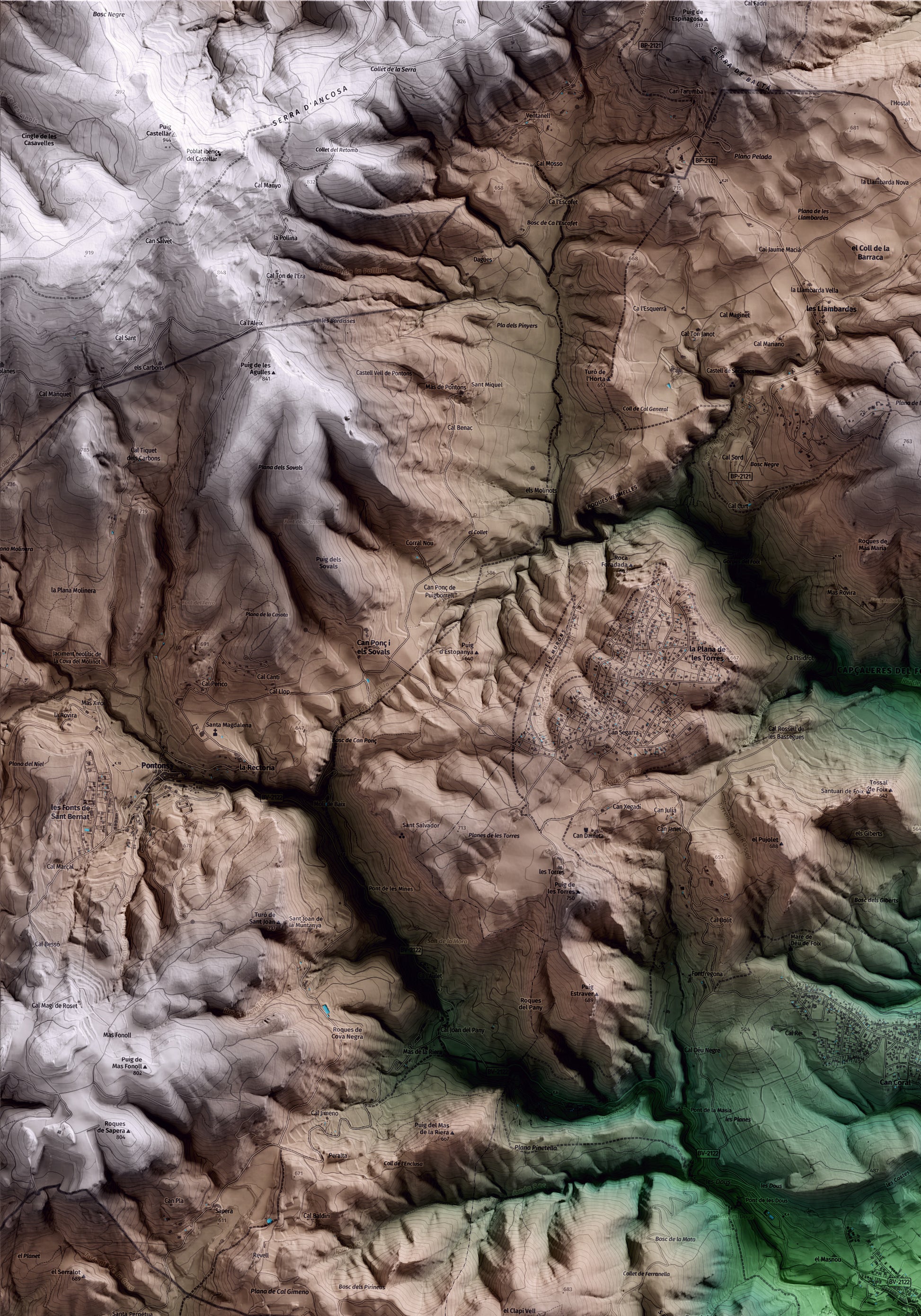Mapa artístico del relieve de Torrelles de Foix, al Alt Penedès, con 15 km de entorno y base topográfica ICGC. Detalle de la zona superior izquierda.