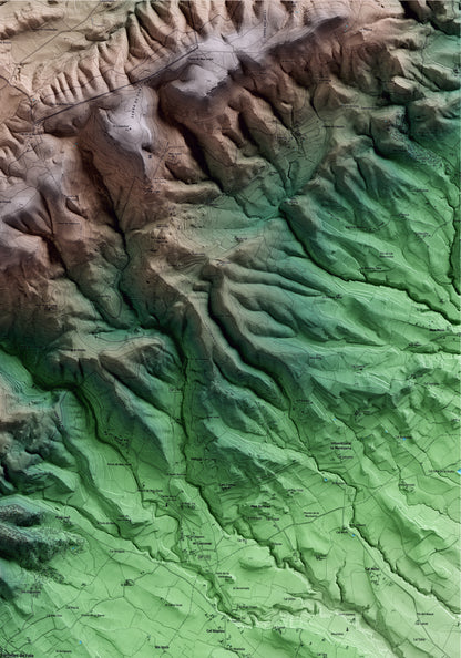 Mapa artístico del relieve de Torrelles de Foix, al Alt Penedès, con 15 km de entorno y base topográfica ICGC. Detalle de la zona superior derecha.