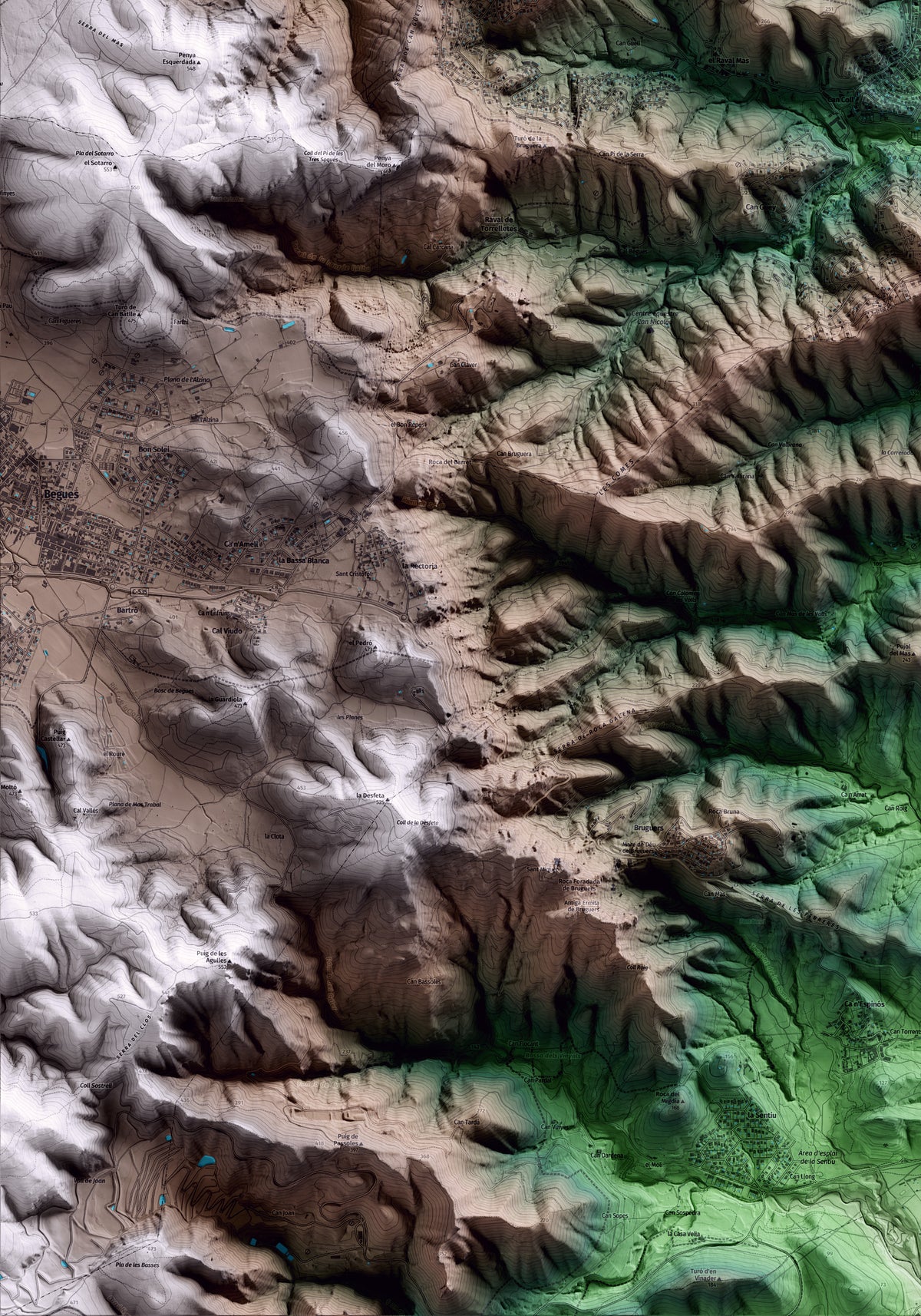 Mapa artístico del relieve de Torrelles de Llobregat, al Baix Llobregat, con 15 km de entorno y base topográfica ICGC. Detalle de la zona inferior izquierda.