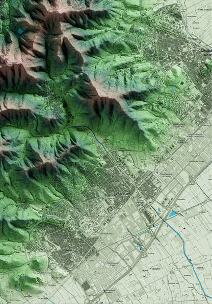 Mapa artístico del relieve de Torrelles de Llobregat, al Baix Llobregat, con 15 km de entorno y base topográfica ICGC. Detalle de la zona inferior derecha.
