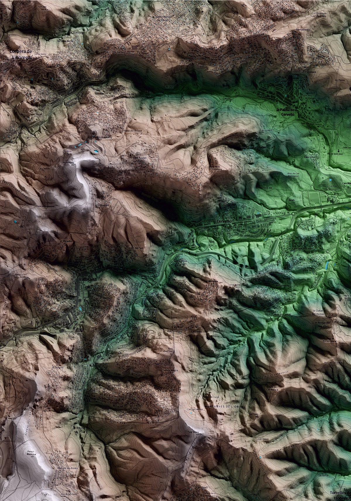 Mapa artístico del relieve de Torrelles de Llobregat, al Baix Llobregat, con 15 km de entorno y base topográfica ICGC. Detalle de la zona superior izquierda.
