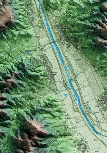 Mapa artístico del relieve de Torrelles de Llobregat, al Baix Llobregat, con 15 km de entorno y base topográfica ICGC. Detalle de la zona superior derecha.