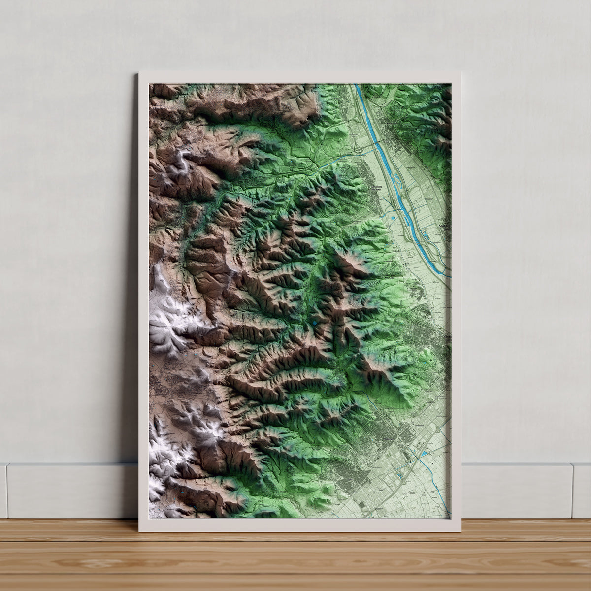 Mapa artístico del relieve de Torrelles de Llobregat, al Baix Llobregat, con 15 km de entorno y base topográfica ICGC. Presentación enmarcada.