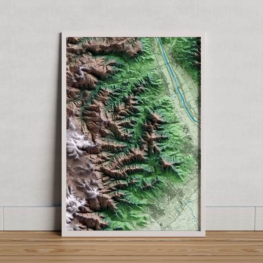 Mapa artístico del relieve de Torrelles de Llobregat, al Baix Llobregat, con 15 km de entorno y base topográfica ICGC. Presentación enmarcada.