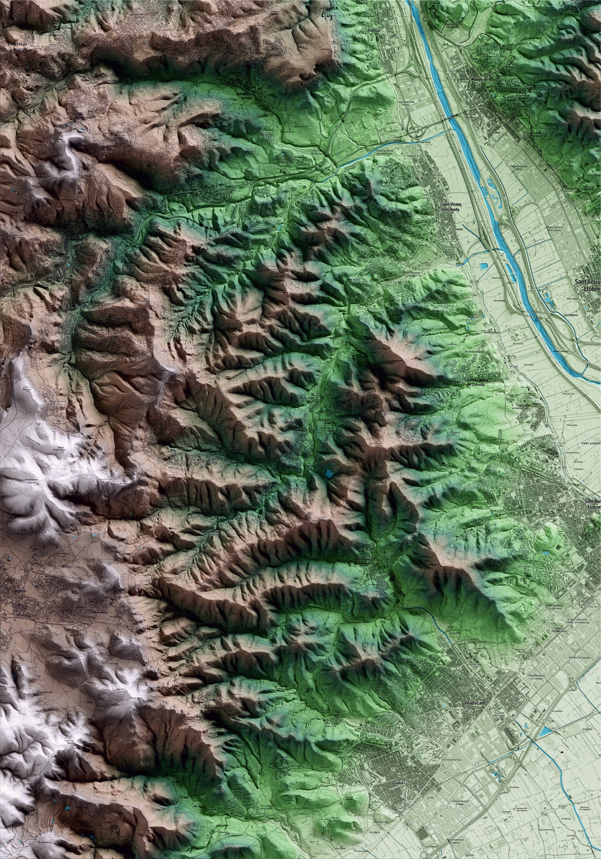 Mapa artístico del relieve de Torrelles de Llobregat, al Baix Llobregat, con 15 km de entorno y base topográfica ICGC