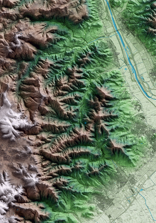 Mapa artístico del relieve de Torrelles de Llobregat, al Baix Llobregat, con 15 km de entorno y base topográfica ICGC