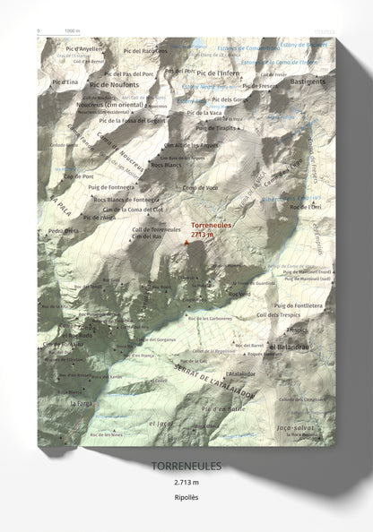 Mapa de relieve de Torreneules, 2713 m, Ripollès, lámina 100 Cims de Trobart 21 × 30 cm.