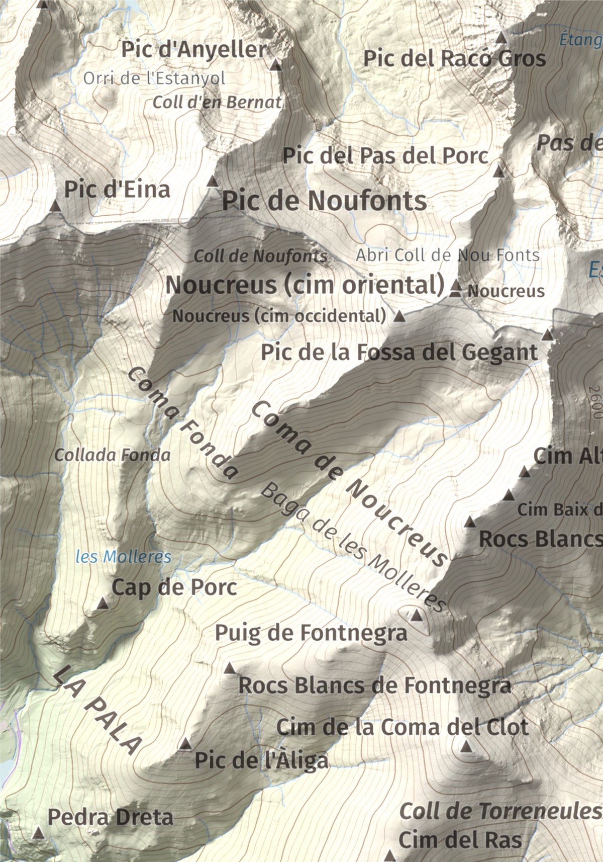 Mapa de relieve de Torreneules, 2713 m, Ripollès, lámina 100 Cims de Trobart. Detalle de la zona superior izquierda. 21 × 30 cm.