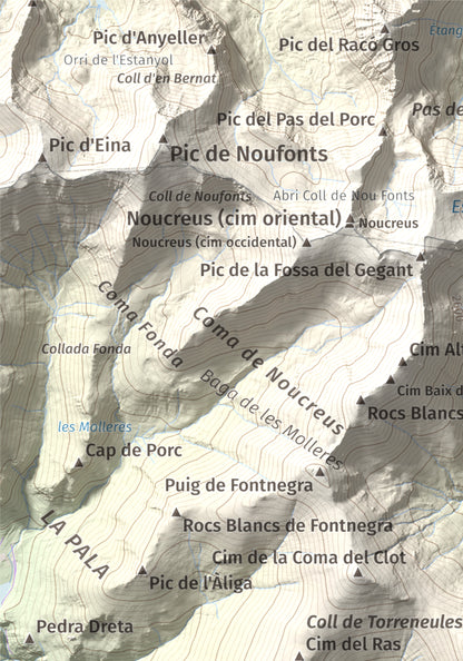 Mapa de relieve de Torreneules, 2713 m, Ripollès, lámina 100 Cims de Trobart. Detalle de la zona superior izquierda. 21 × 30 cm.