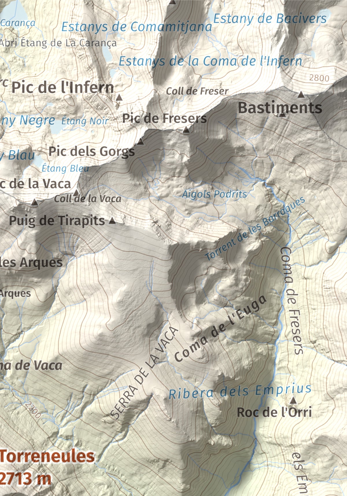 Mapa de relieve de Torreneules, 2713 m, Ripollès, lámina 100 Cims de Trobart. Detalle de la zona superior derecha. 21 × 30 cm.