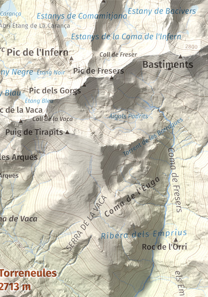 Mapa de relieve de Torreneules, 2713 m, Ripollès, lámina 100 Cims de Trobart. Detalle de la zona superior derecha. 21 × 30 cm.