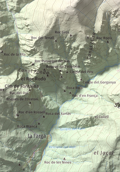 Mapa de relieve de Torreneules, 2713 m, Ripollès, lámina 100 Cims de Trobart. Detalle de la zona inferior izquierda. 21 × 30 cm.