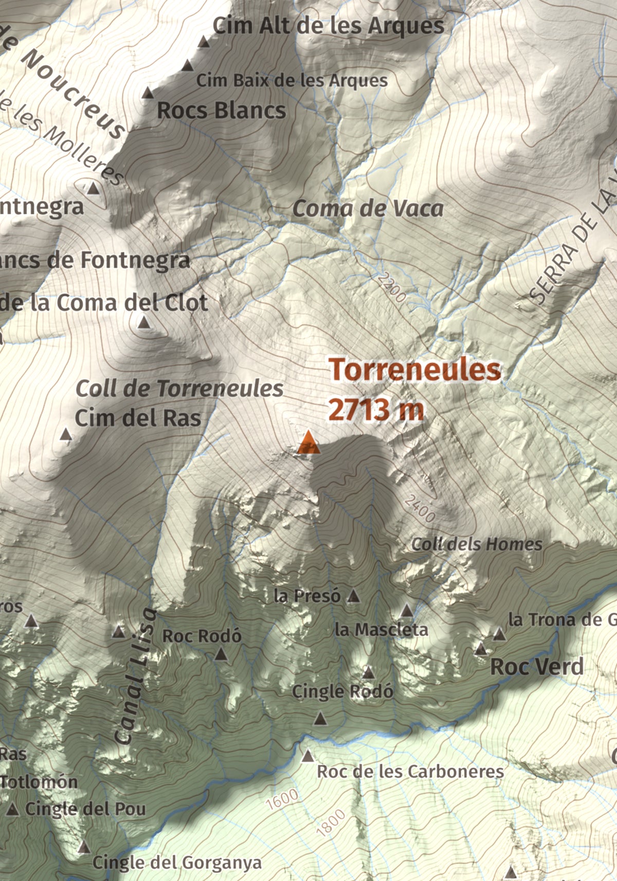 Mapa de relieve de Torreneules, 2713 m, Ripollès, lámina 100 Cims de Trobart. Detalle de la zona central. 21 × 30 cm.