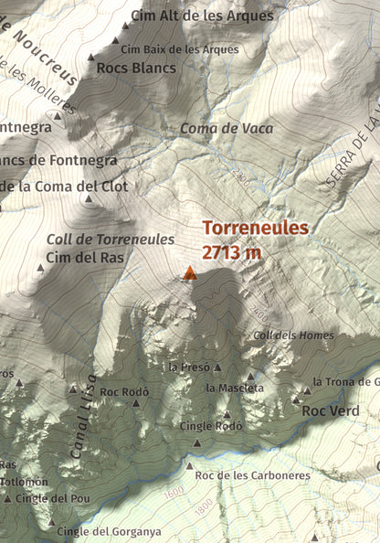 Mapa de relieve de Torreneules, 2713 m, Ripollès, lámina 100 Cims de Trobart. Detalle de la zona central. 21 × 30 cm.