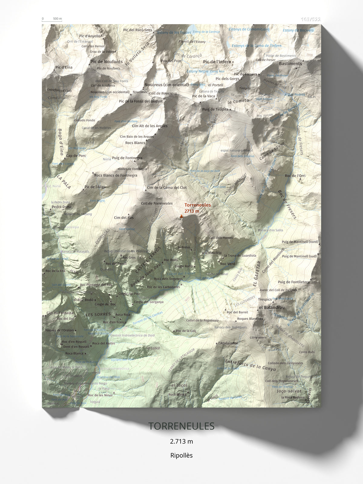 Mapa de relieve de Torreneules, 2713 m, Ripollès, lámina 100 Cims de Trobart 30 × 40 cm.