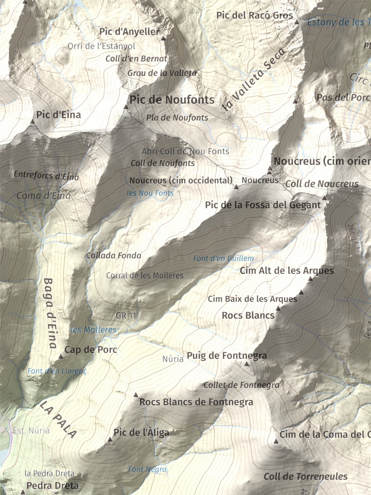 Mapa de relieve de Torreneules, 2713 m, Ripollès, lámina 100 Cims de Trobart. Detalle de la zona superior izquierda. 30 × 40 cm.