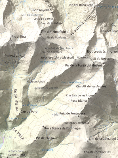Mapa de relieve de Torreneules, 2713 m, Ripollès, lámina 100 Cims de Trobart. Detalle de la zona superior izquierda. 30 × 40 cm.