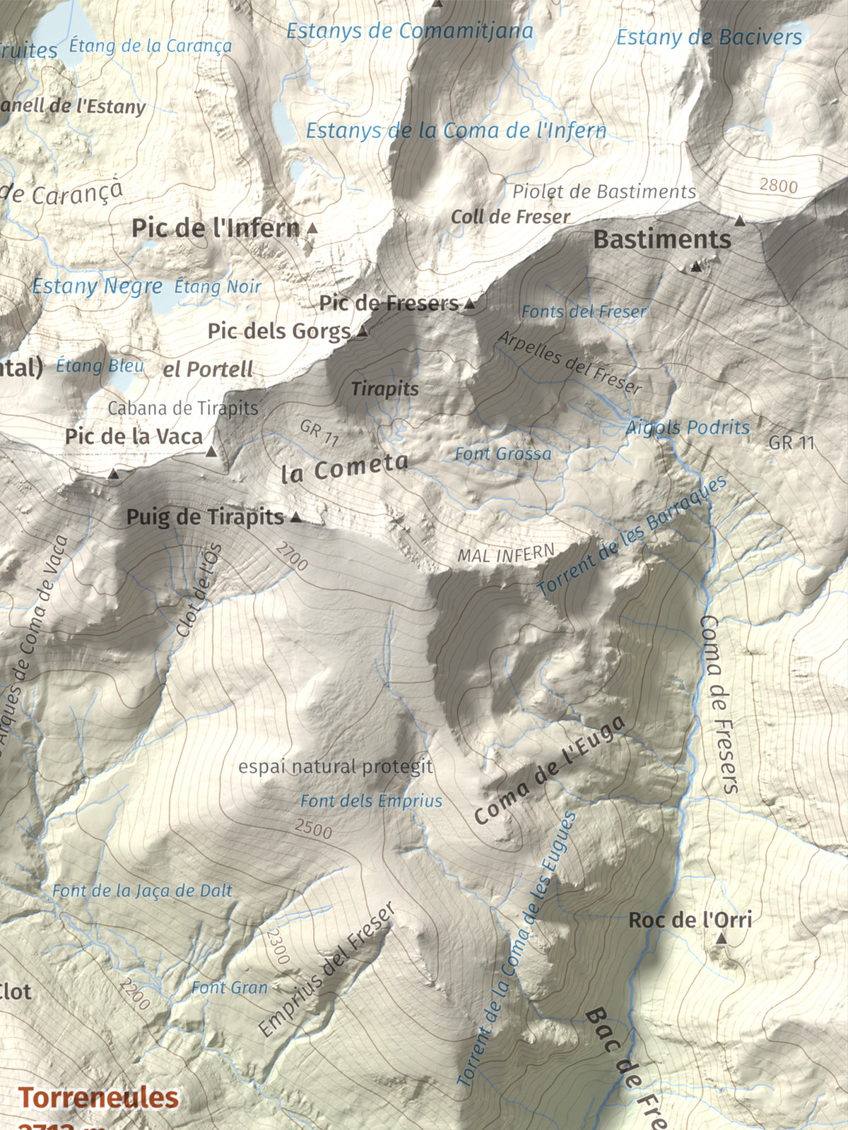 Mapa de relieve de Torreneules, 2713 m, Ripollès, lámina 100 Cims de Trobart. Detalle de la zona superior derecha. 30 × 40 cm.