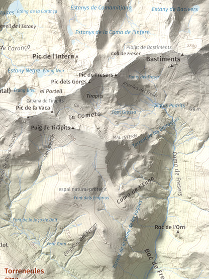 Mapa de relieve de Torreneules, 2713 m, Ripollès, lámina 100 Cims de Trobart. Detalle de la zona superior derecha. 30 × 40 cm.