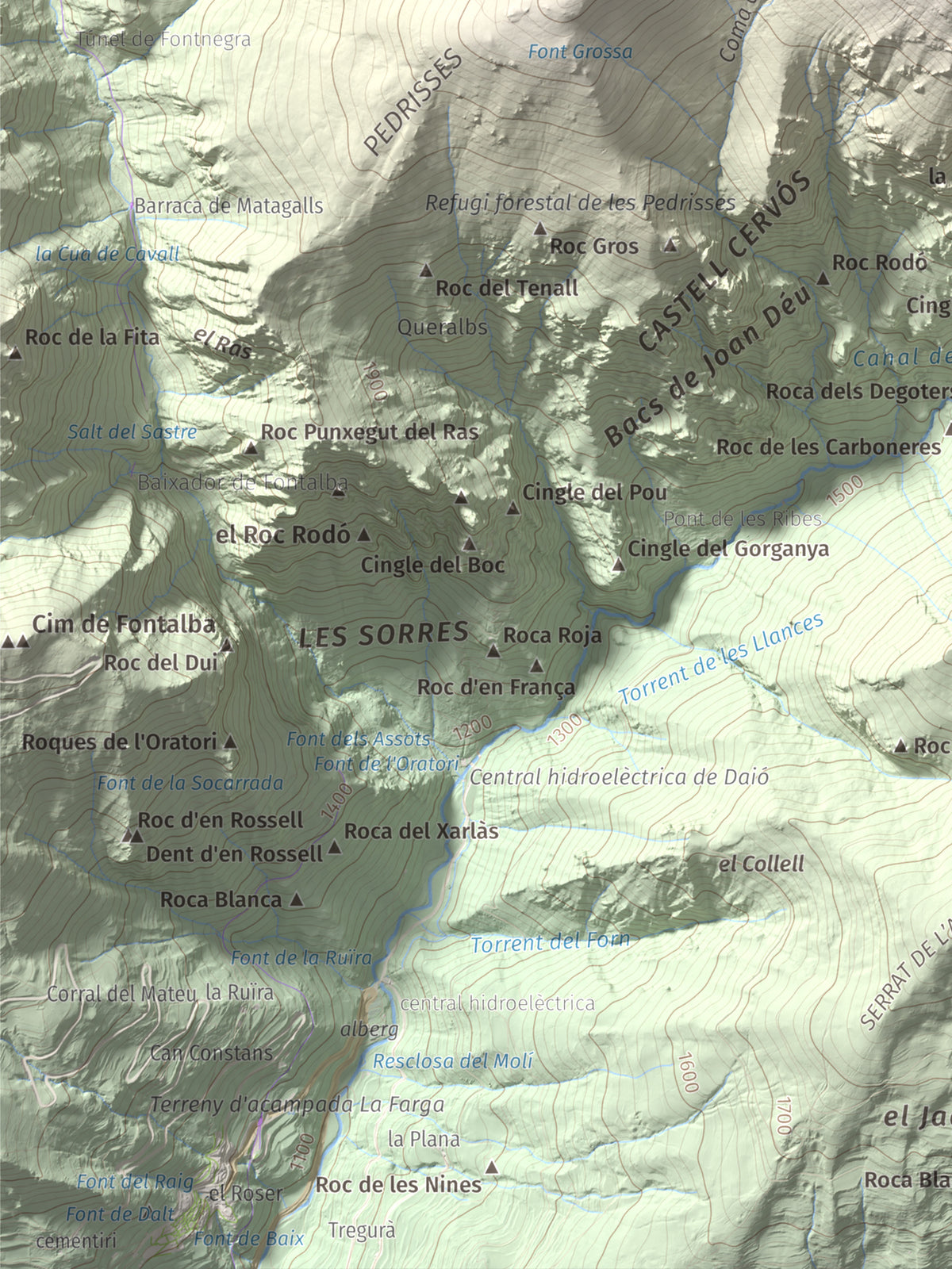 Mapa de relieve de Torreneules, 2713 m, Ripollès, lámina 100 Cims de Trobart. Detalle de la zona inferior izquierda. 30 × 40 cm.