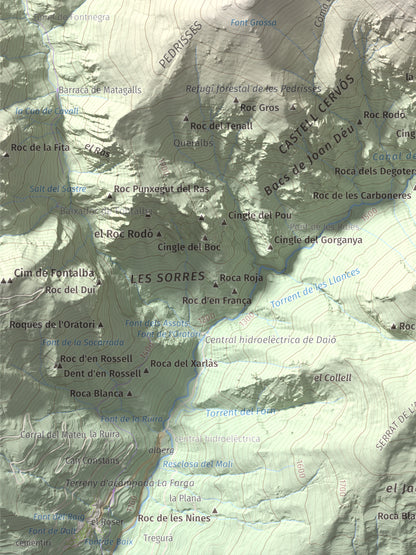 Mapa de relieve de Torreneules, 2713 m, Ripollès, lámina 100 Cims de Trobart. Detalle de la zona inferior izquierda. 30 × 40 cm.