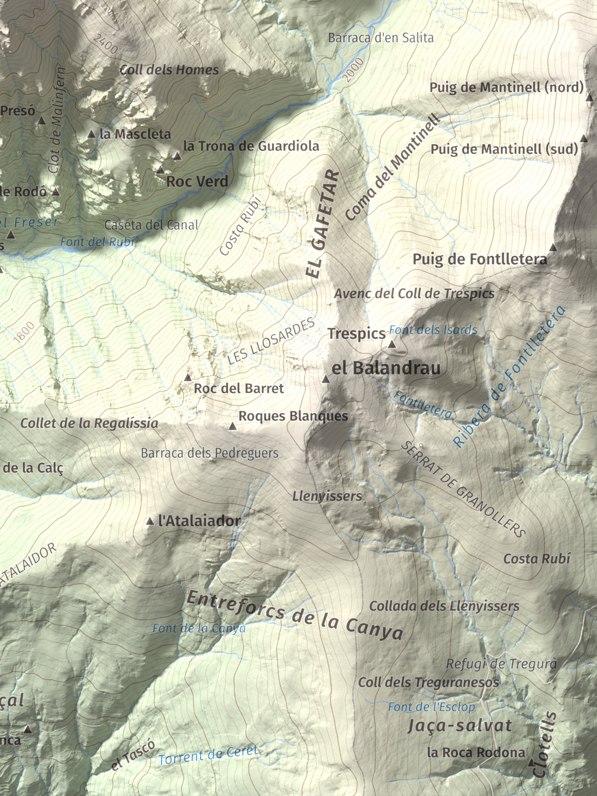 Mapa de relieve de Torreneules, 2713 m, Ripollès, lámina 100 Cims de Trobart. Detalle de la zona inferior derecha. 30 × 40 cm.