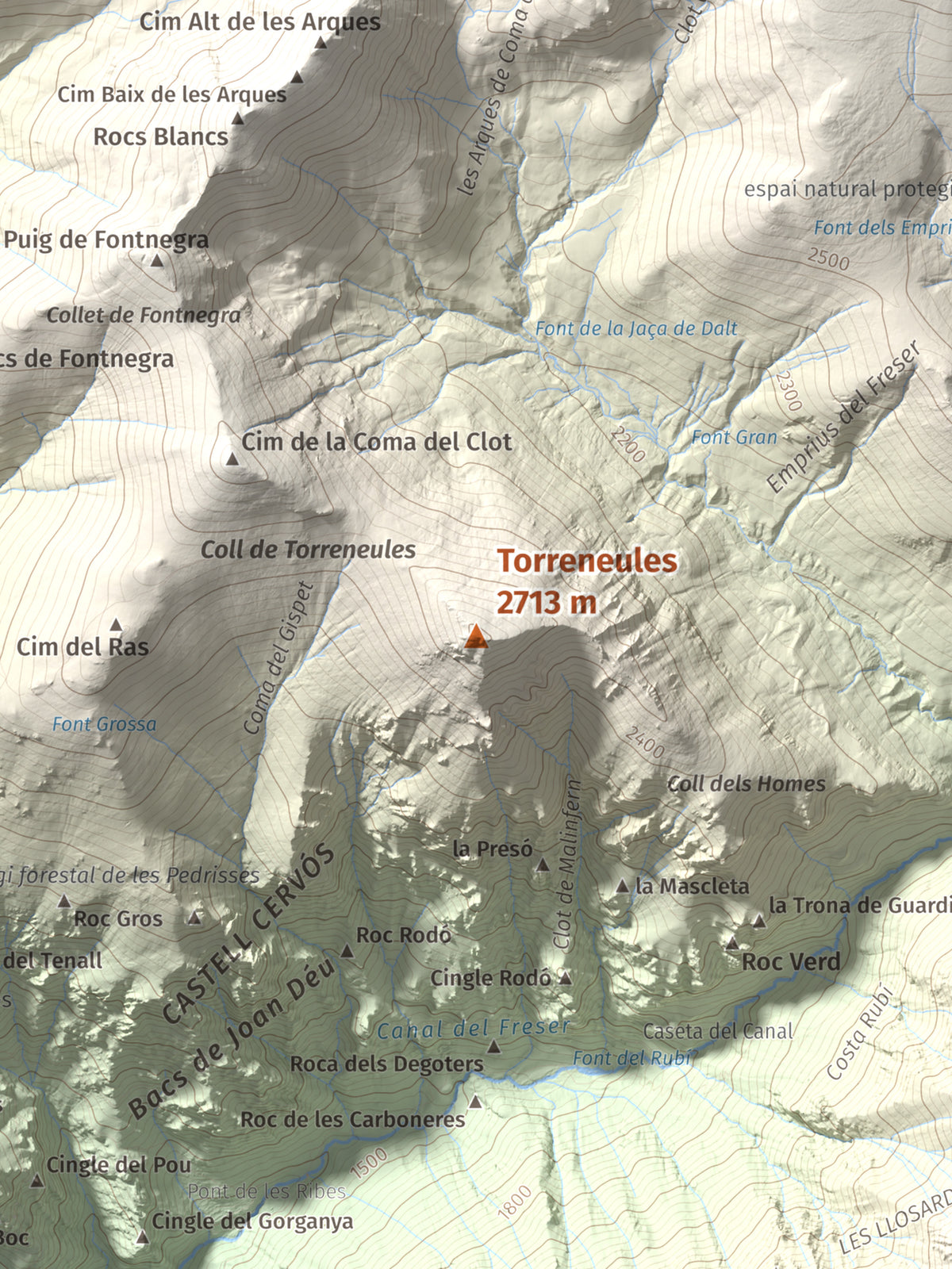 Mapa de relieve de Torreneules, 2713 m, Ripollès, lámina 100 Cims de Trobart. Detalle de la zona central. 30 × 40 cm.