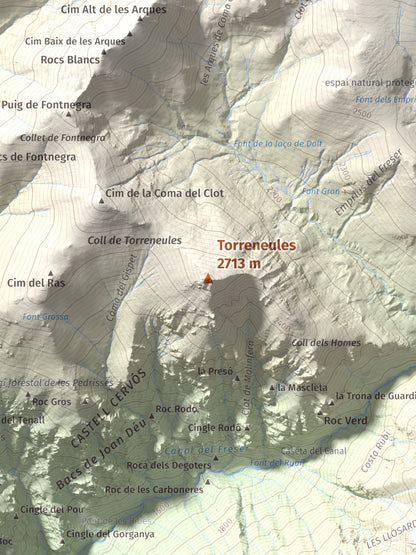 Mapa de relieve de Torreneules, 2713 m, Ripollès, lámina 100 Cims de Trobart. Detalle de la zona central. 30 × 40 cm.