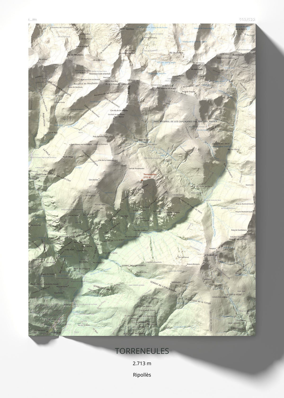 Mapa de relieve de Torreneules, 2713 m, Ripollès, lámina 100 Cims de Trobart 50 × 70 cm.