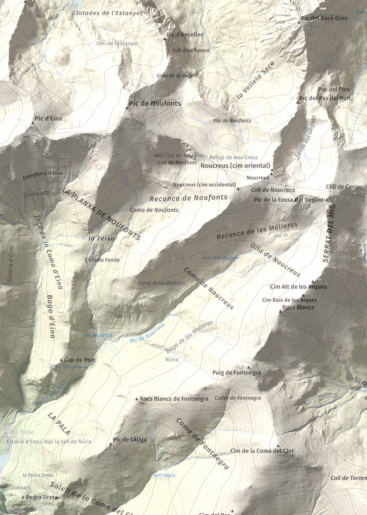 Mapa de relieve de Torreneules, 2713 m, Ripollès, lámina 100 Cims de Trobart. Detalle de la zona superior izquierda. 50 × 70 cm.