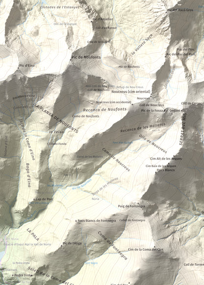 Mapa de relieve de Torreneules, 2713 m, Ripollès, lámina 100 Cims de Trobart. Detalle de la zona superior izquierda. 50 × 70 cm.