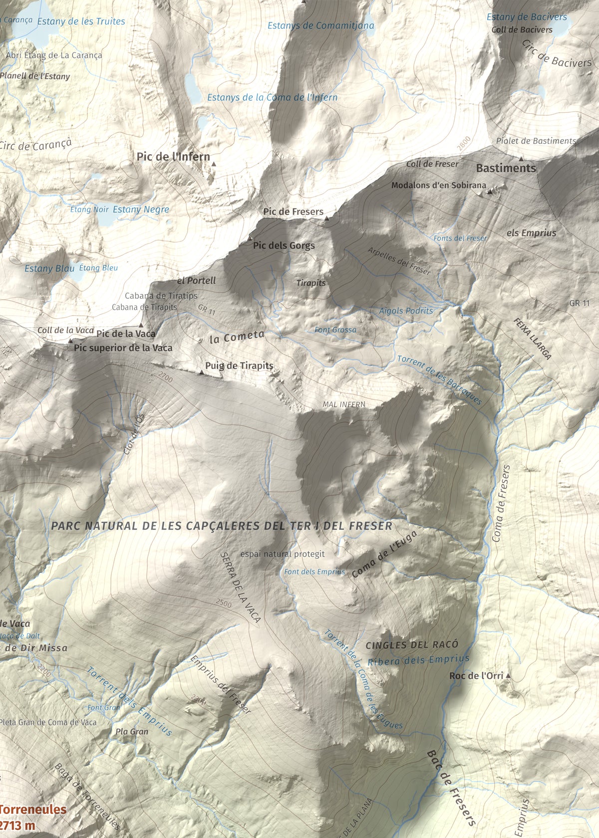 Mapa de relieve de Torreneules, 2713 m, Ripollès, lámina 100 Cims de Trobart. Detalle de la zona superior derecha. 50 × 70 cm.