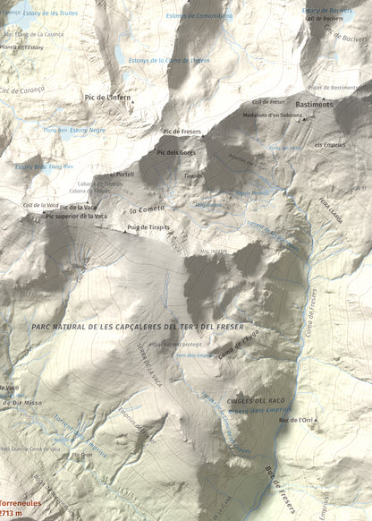 Mapa de relieve de Torreneules, 2713 m, Ripollès, lámina 100 Cims de Trobart. Detalle de la zona superior derecha. 50 × 70 cm.